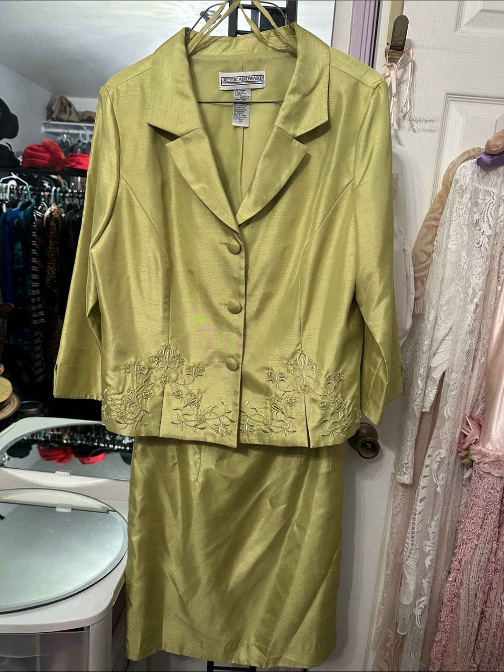 Jessica Howard Lime Green Embroidered Skirt Suit